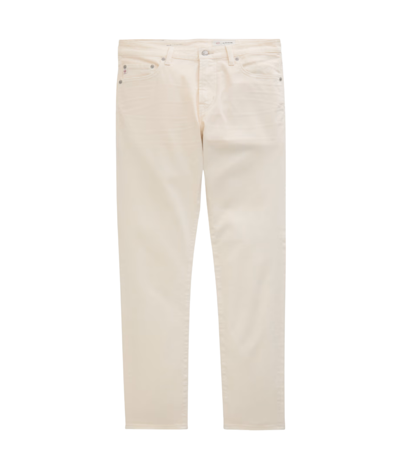 A pair of slim-fit jeans in a light cream or off-white color, shown flat against a solid white background.