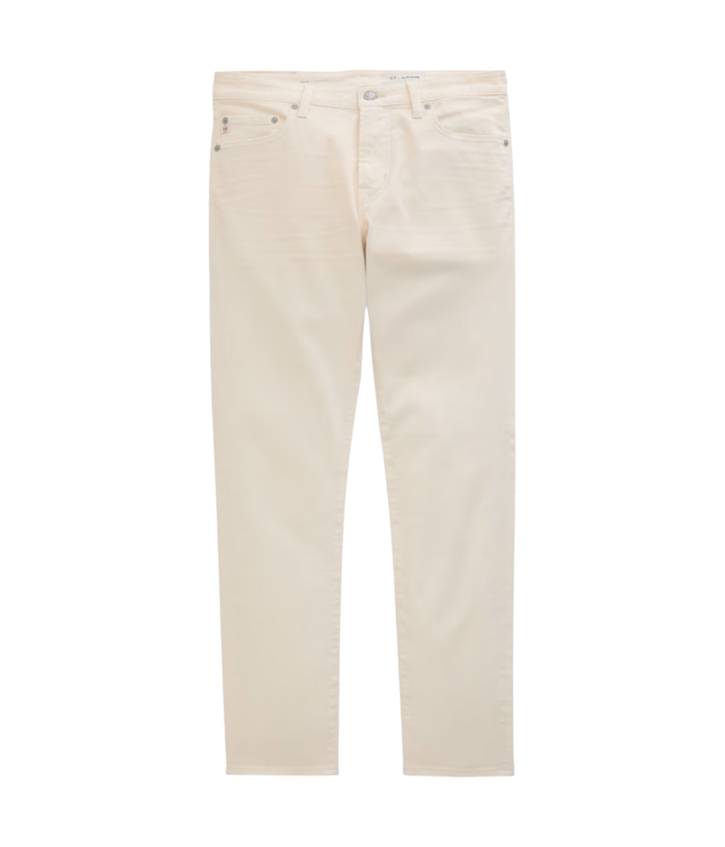 A pair of slim-fit jeans in a light cream or off-white color, shown flat against a solid white background.