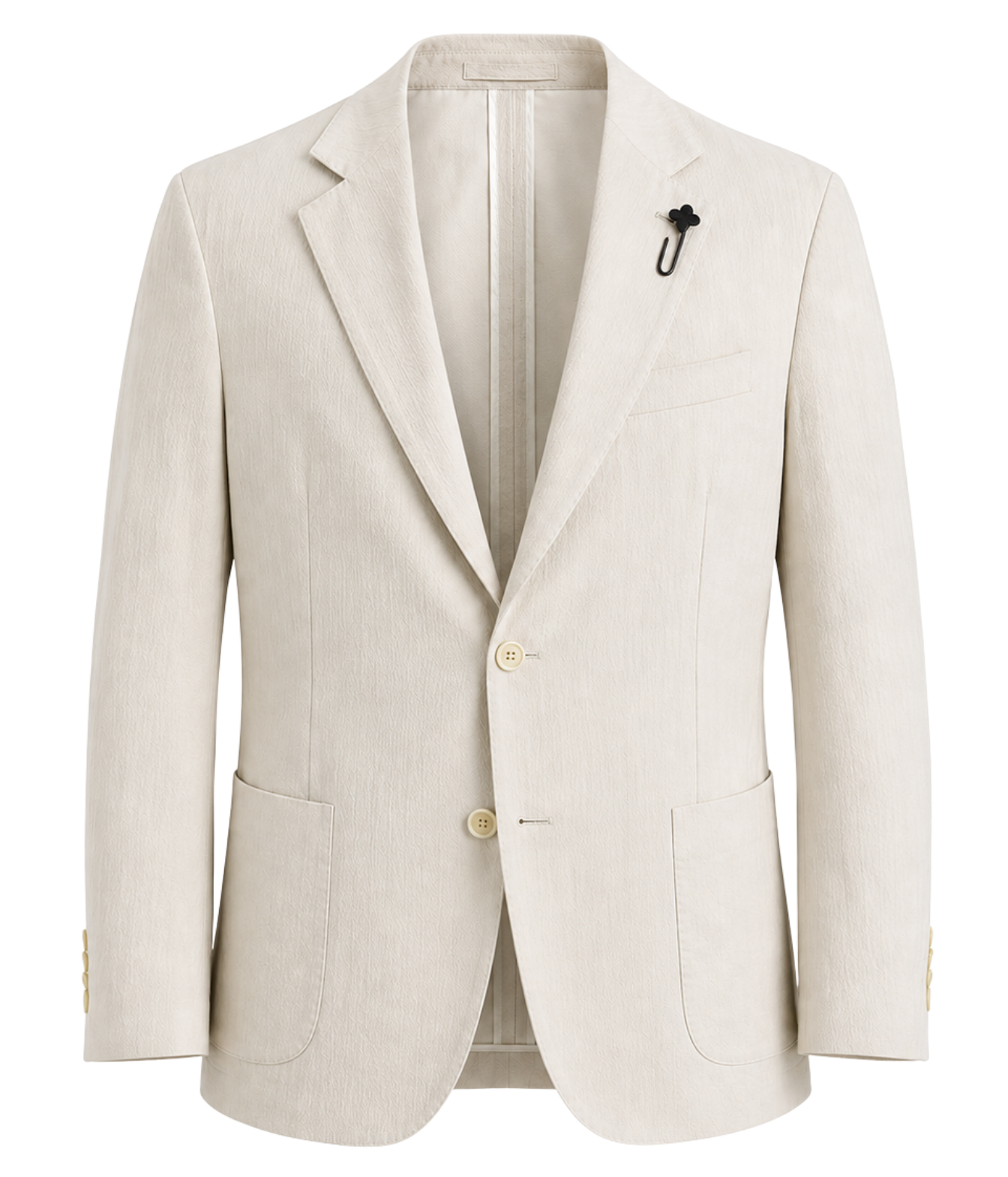 A light beige textured blazer with notch lapels, two front buttons, and flap pockets, shown on a plain white background.