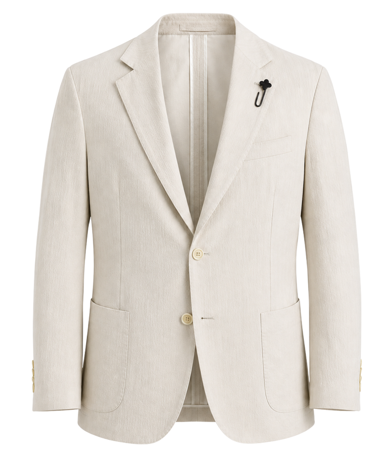 A light beige textured blazer with notch lapels, two front buttons, and flap pockets, shown on a plain white background.