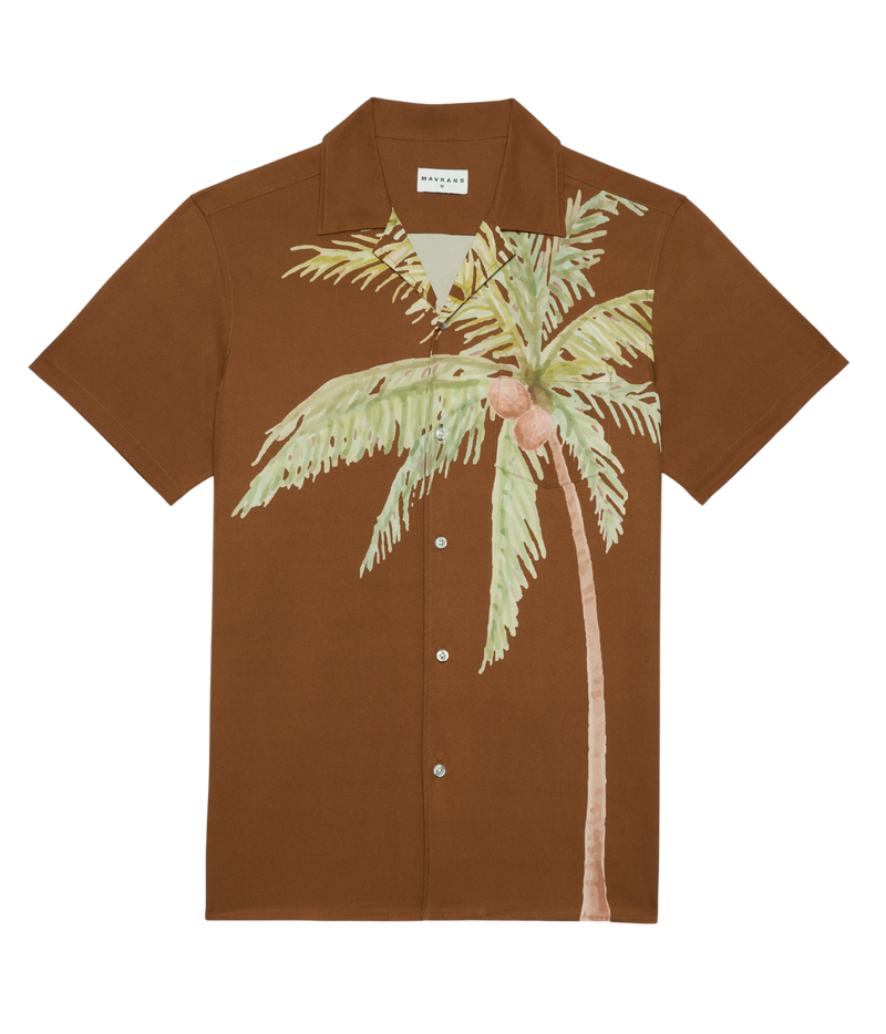 Front product view of Mavrans Coco Weekend Shirt in Brown showing the palm tree and coconut print