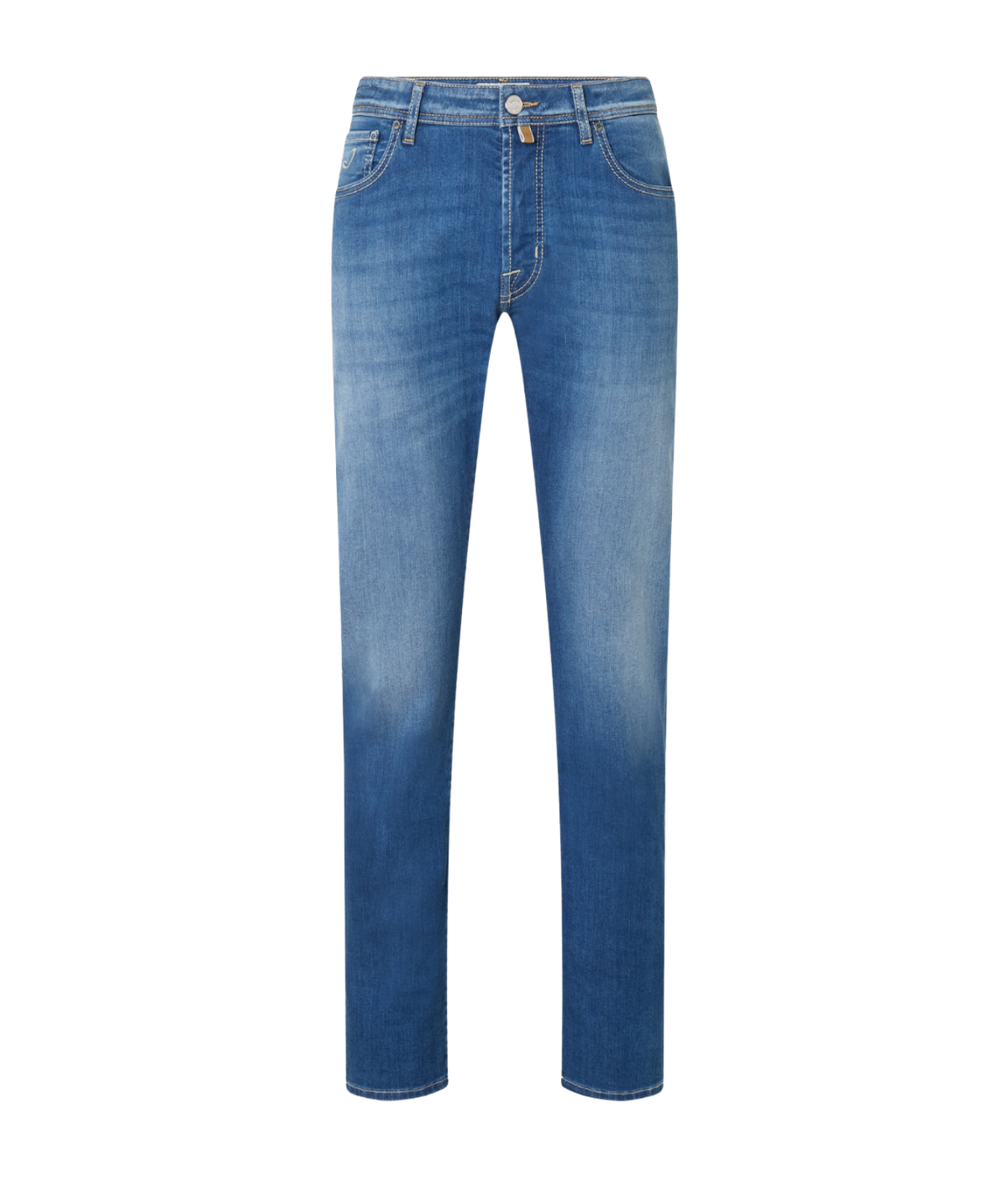 A pair of medium wash blue denim jeans with a faded gradient wash effect fading from the thighs down to the ankles, shown flat on a white background.