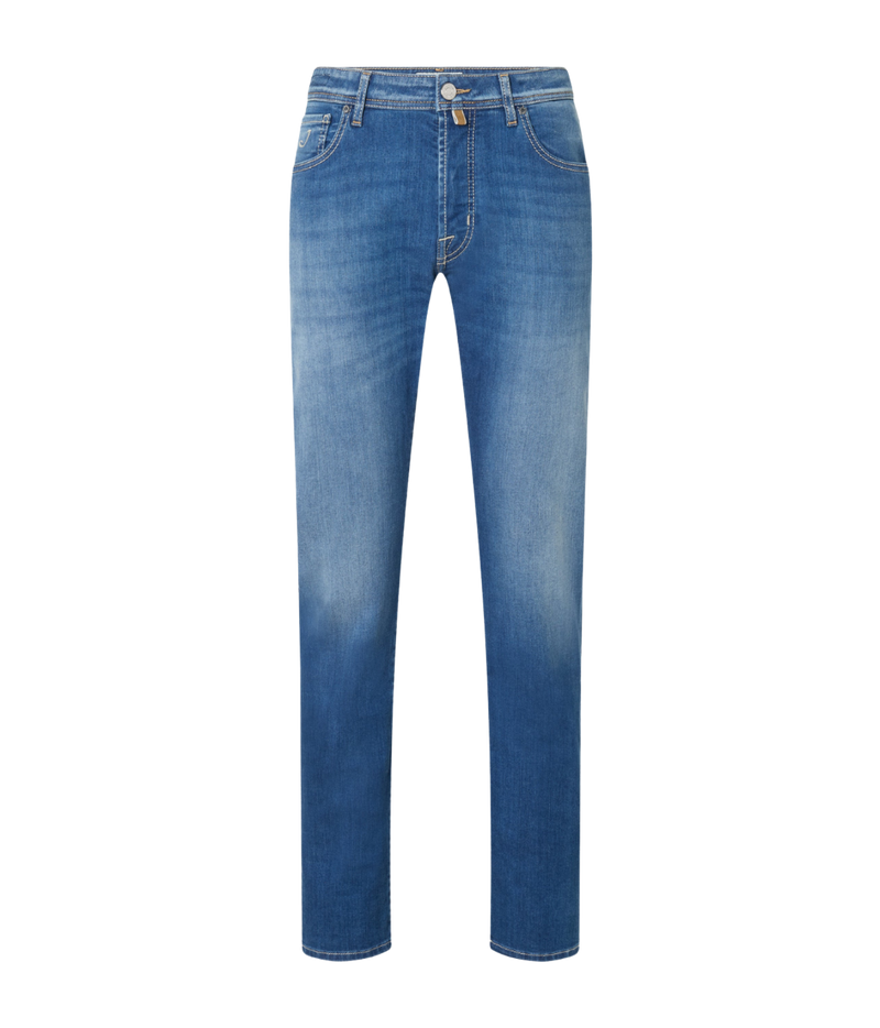 A pair of medium wash blue denim jeans with a faded gradient wash effect fading from the thighs down to the ankles, shown flat on a white background.