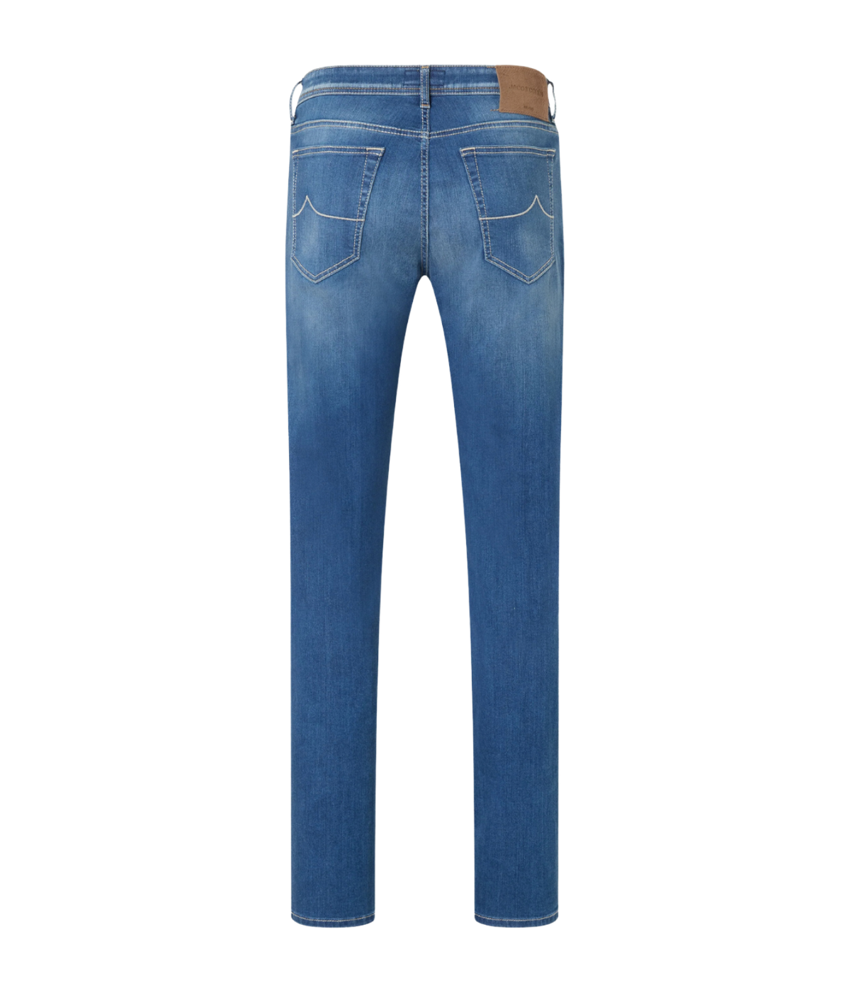 Back view of a pair of medium-wash blue denim jeans with a brown leather patch at the waistband, shown on a plain white background.