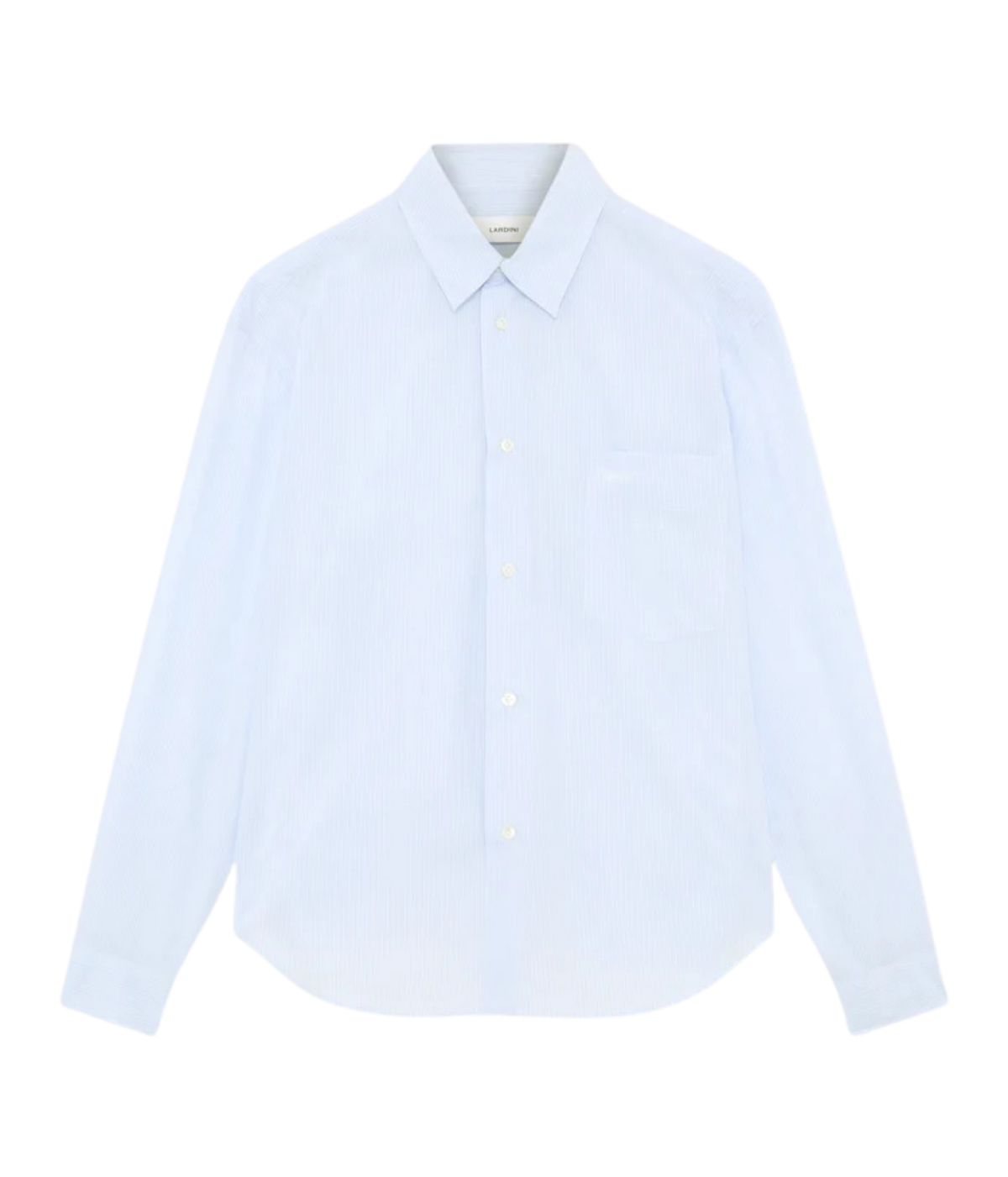 Front product view of Lardini Cotton Pocket Shirt in Blue Stripe showing the point collar and chest pocket