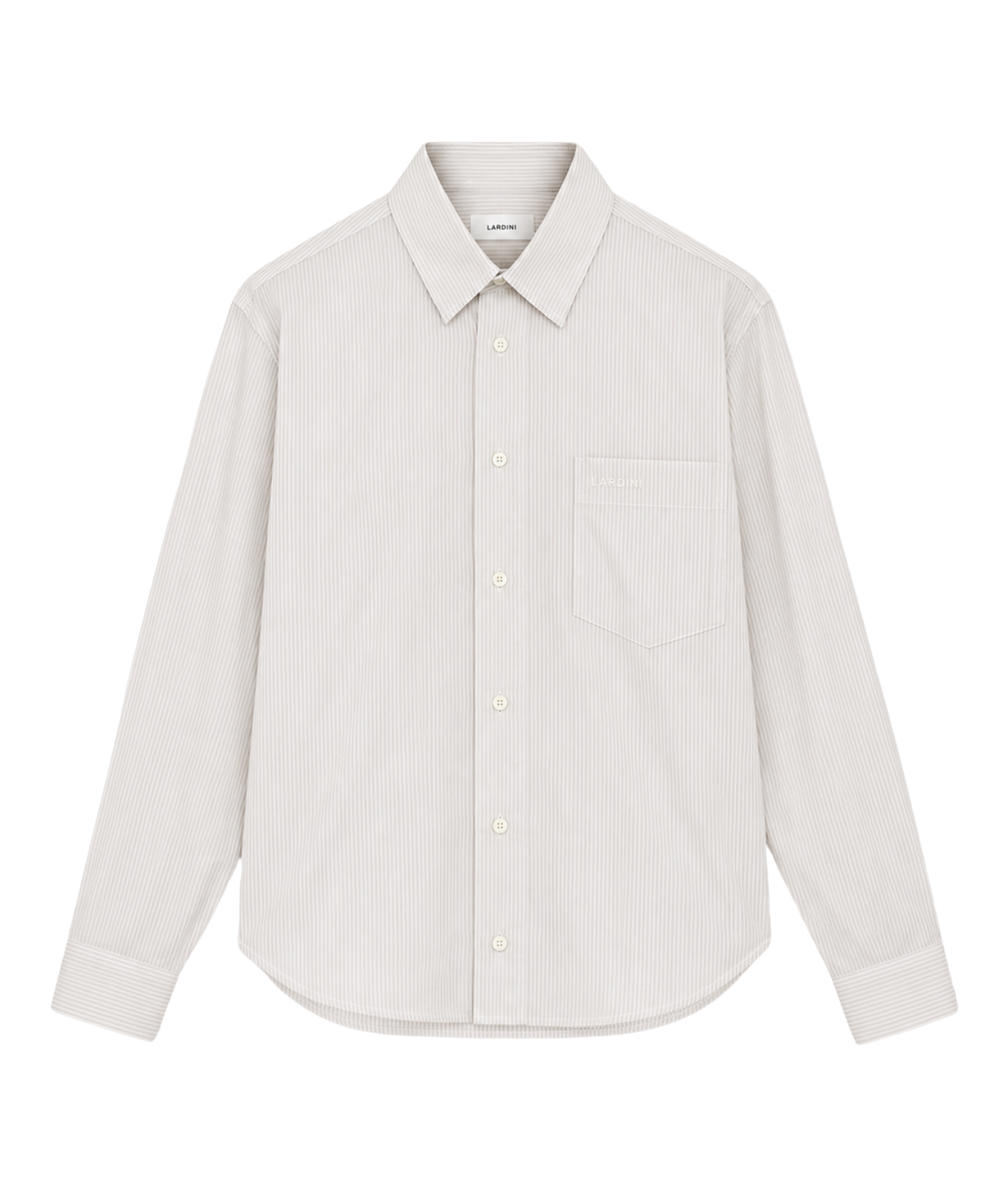 Front product view of Lardini Cotton Pocket Shirt in Beige Stripe showing the point collar and chest pocket