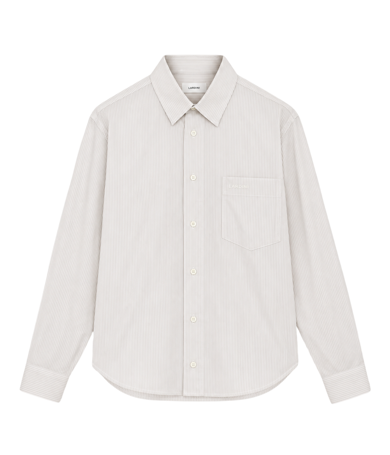 Front product view of Lardini Cotton Pocket Shirt in Beige Stripe showing the point collar and chest pocket
