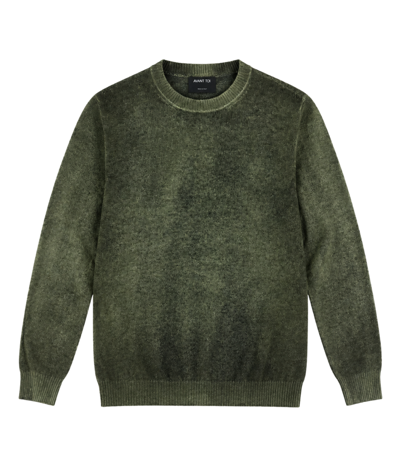 Front product view of Avant Toi Hand Painted Light Cashmere Round Neck Pullover in Moss