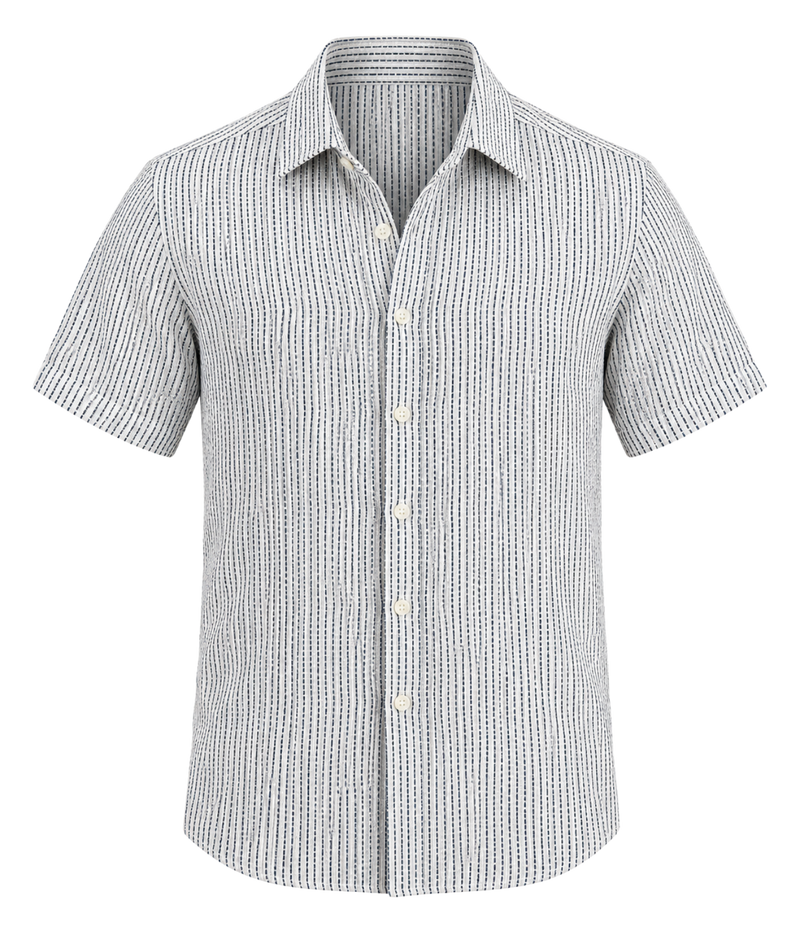 Front product view of Osvaldo Trucchi Linen Short Sleeve Shirt in Navy Woven Stripe