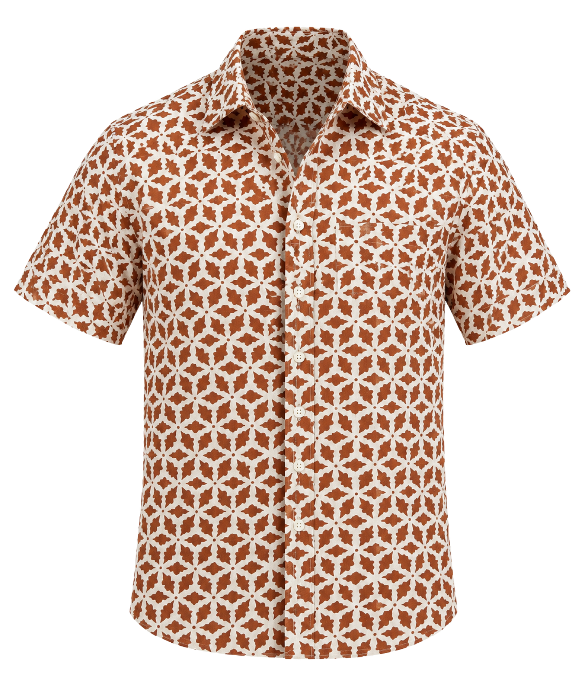 Front product view of Linen Short Sleeve Shirt in Brown Geo Star Print