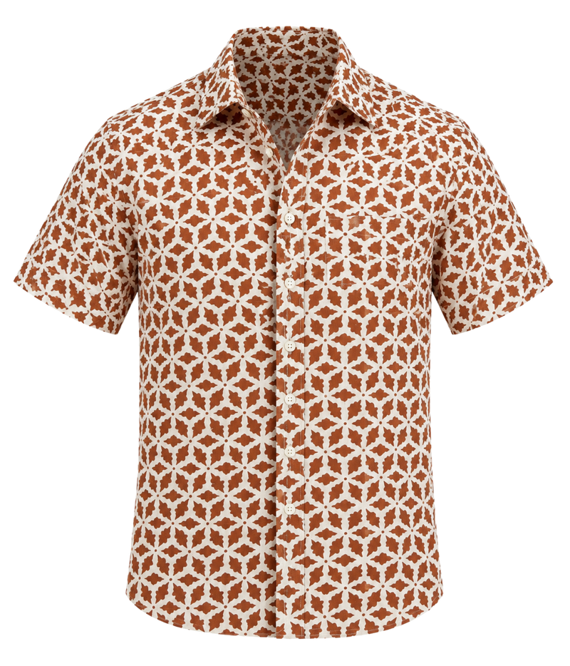 Front product view of Linen Short Sleeve Shirt in Brown Geo Star Print
