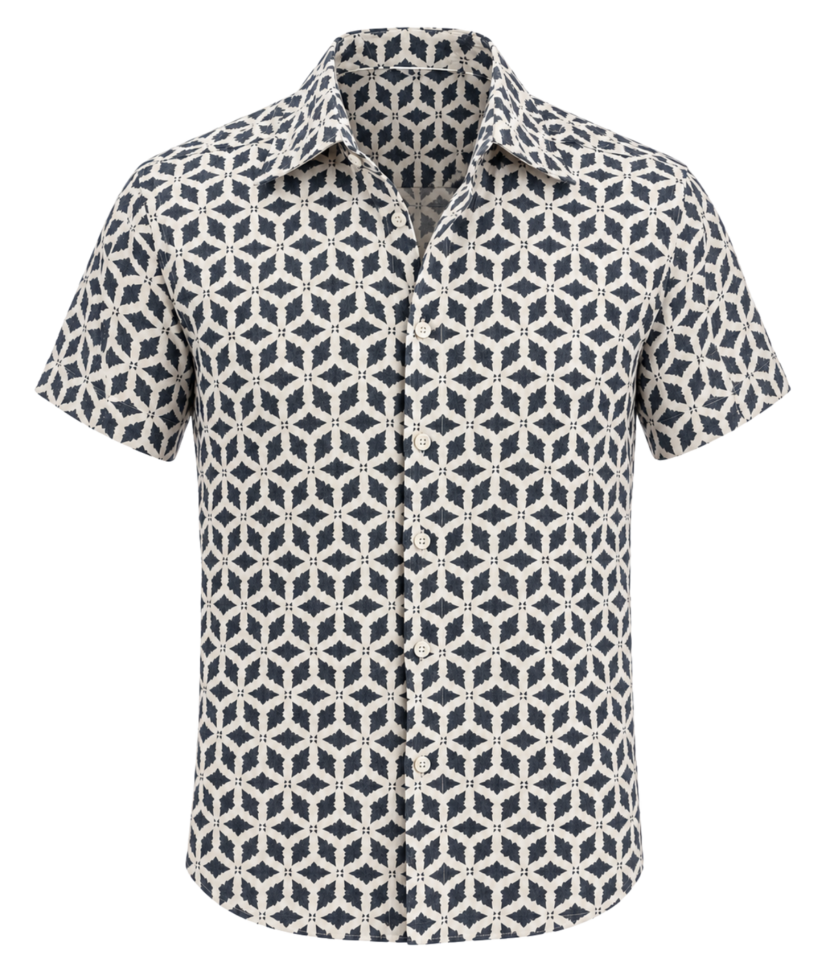 Front product view of Linen Short Sleeve Shirt in Navy Geo Star Print