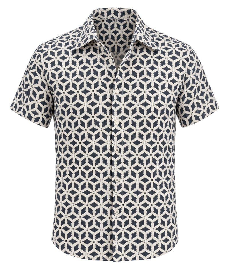 Front product view of Linen Short Sleeve Shirt in Navy Geo Star Print
