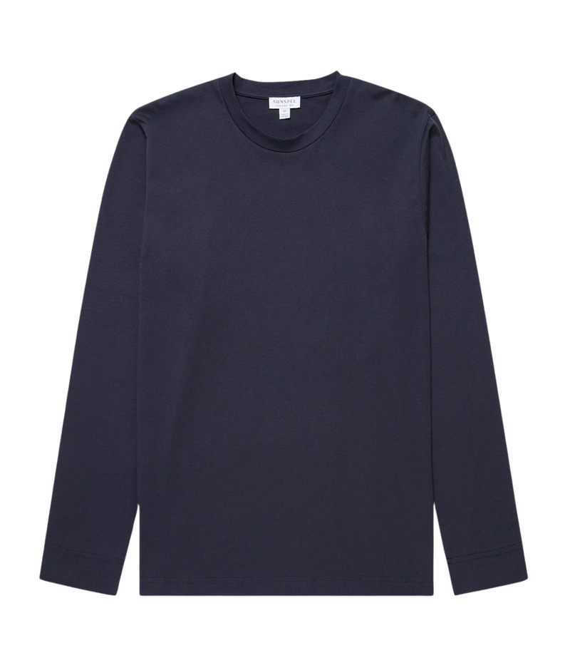 Sunspel Long Sleeve Riviera T-Shirt in Navy flat lay view of slim-fit midweight Supima cotton long sleeve tee