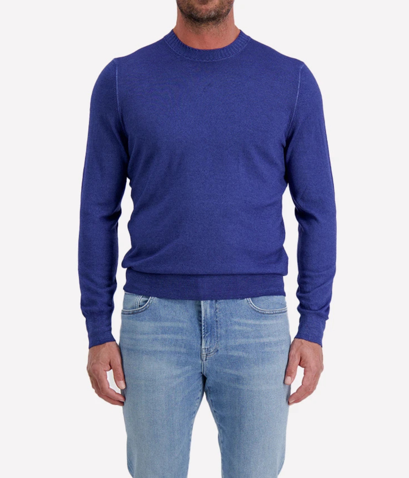 Gran Sasso Wool Crew Longsleeve in Blue – Front View Fine Wool Knit