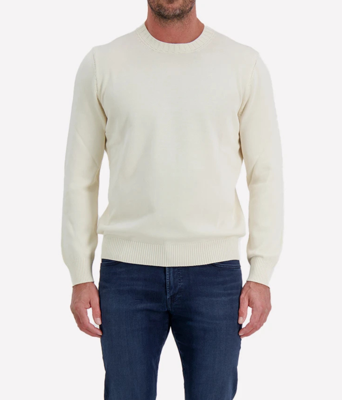 Gran Sasso Crew Long Sleeve in Off White – Front View 2-Ply Egyptian Cotton Knit
