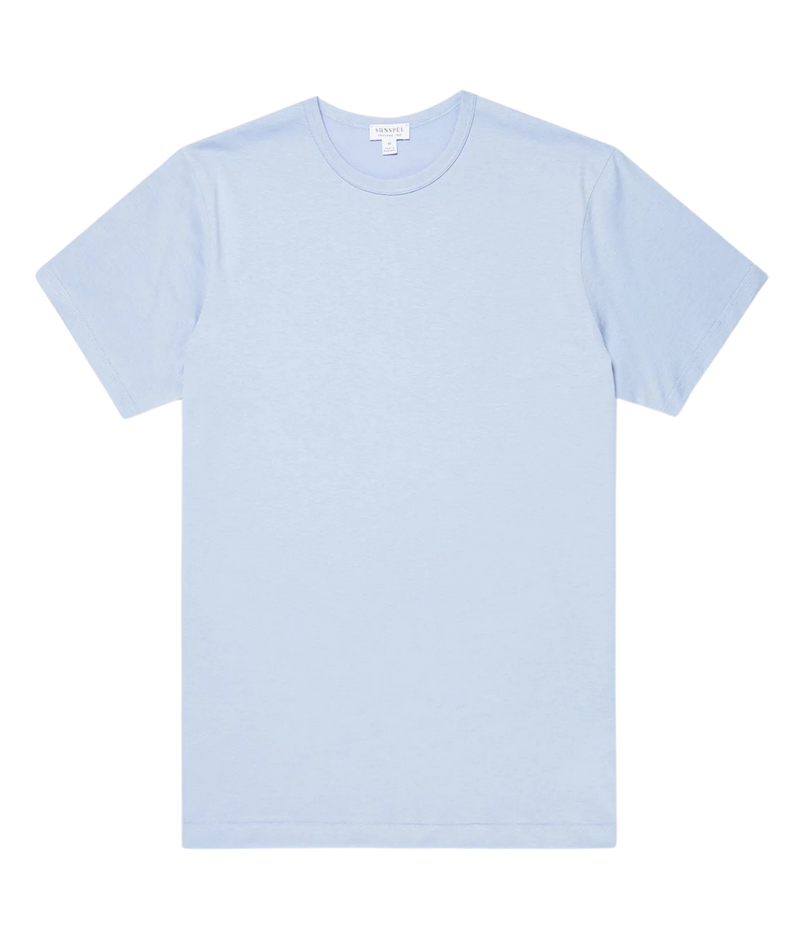 Sunspel Short Sleeve Crew Neck T-Shirt in Sky – flat lay product shot showcasing slim fit silhouette, crew neckline, and soft cotton jersey fabric.