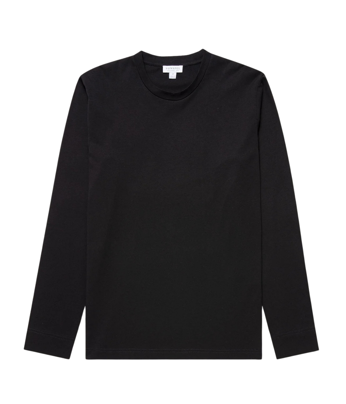 Sunspel Long Sleeve Riviera T-Shirt in Black flat lay view of slim-fit midweight Supima cotton long sleeve tee