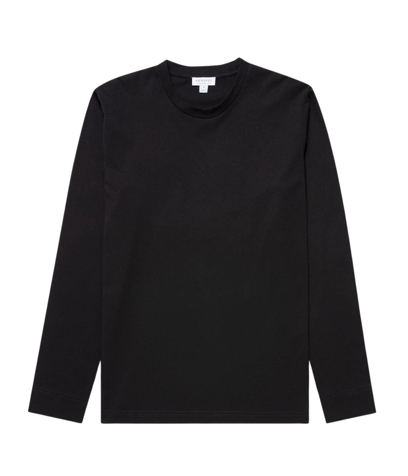 Sunspel Long Sleeve Riviera T-Shirt in Black flat lay view of slim-fit midweight Supima cotton long sleeve tee