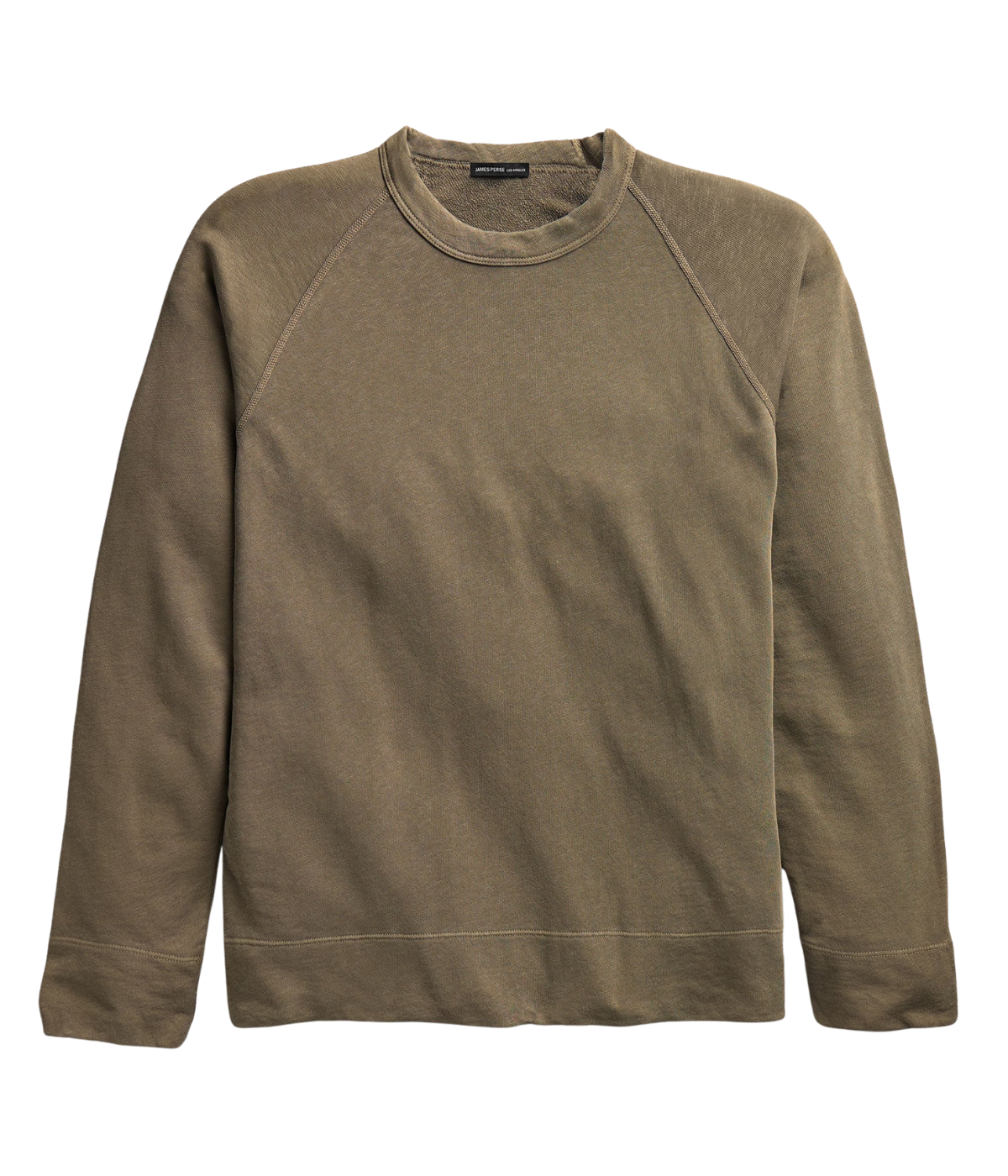 James Perse Vintage French Terry Sweatshirt in Light Olive Pigment – flat lay product shot displaying crew neckline, raglan sleeves, and lightweight cotton French terry fabric.