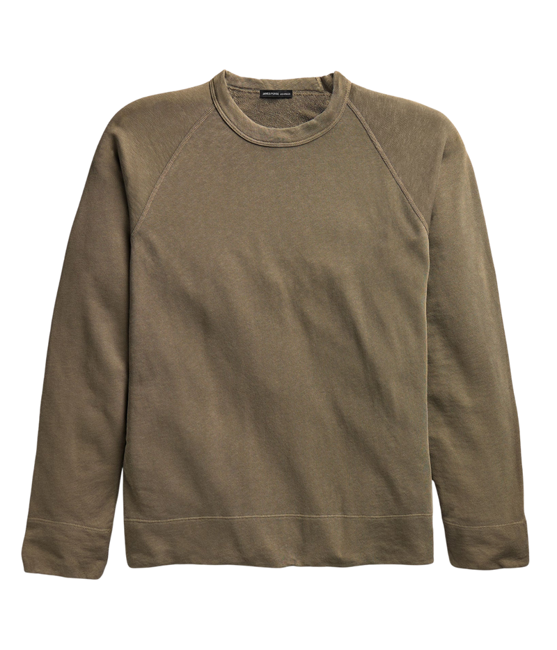 James Perse Vintage French Terry Sweatshirt in Light Olive Pigment – flat lay product shot displaying crew neckline, raglan sleeves, and lightweight cotton French terry fabric.