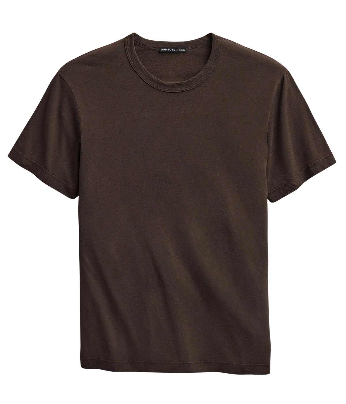 James Perse S/S Crew Neck in Bark Pigment – flat lay product shot displaying crew neckline, short sleeves, and midweight cotton jersey fabric.