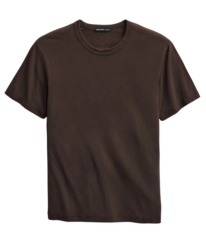 James Perse S/S Crew Neck in Bark Pigment – flat lay product shot displaying crew neckline, short sleeves, and midweight cotton jersey fabric.