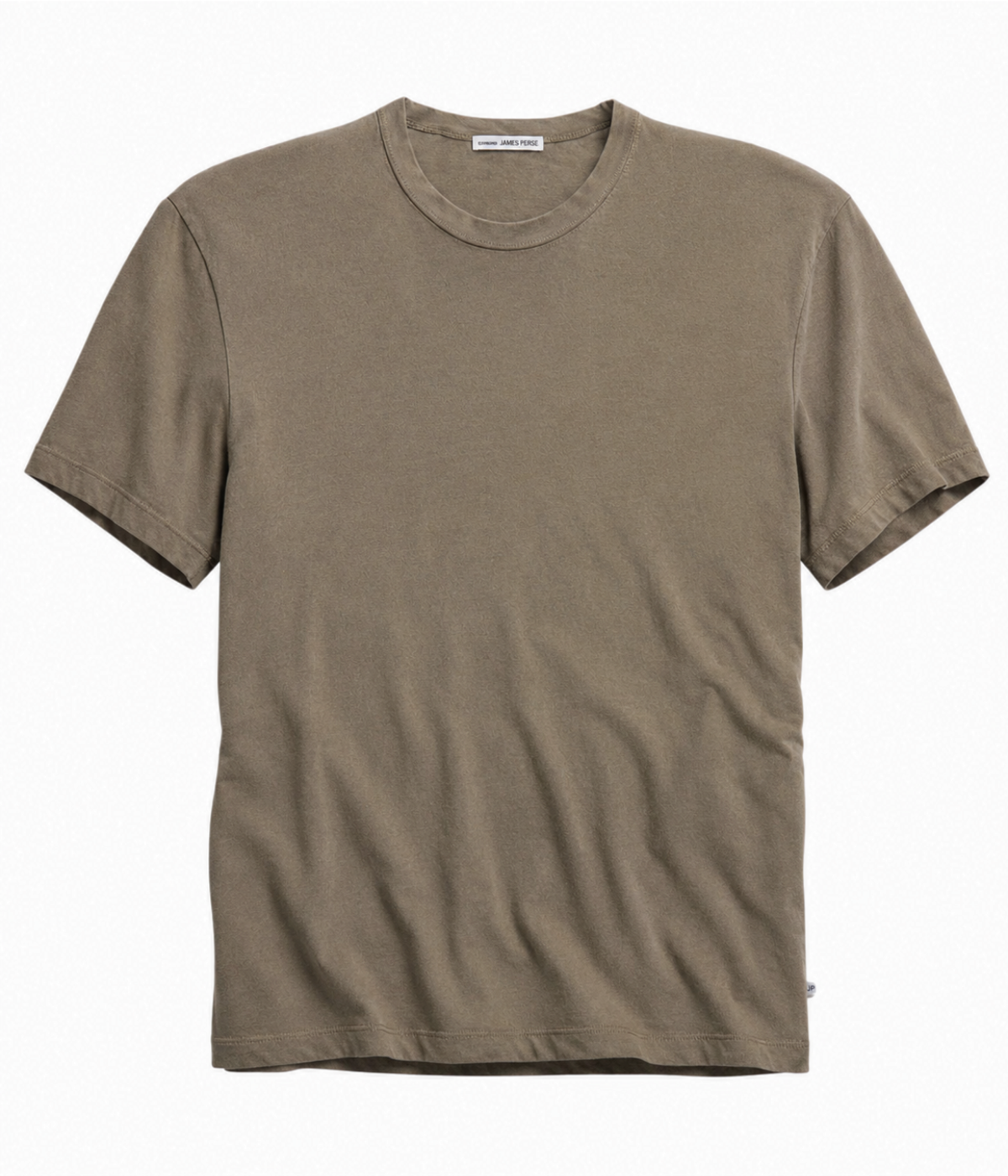 James Perse S/S Crew Neck in Light Olive Pigment – flat lay product shot displaying crew neckline, short sleeves, and midweight cotton jersey fabric.