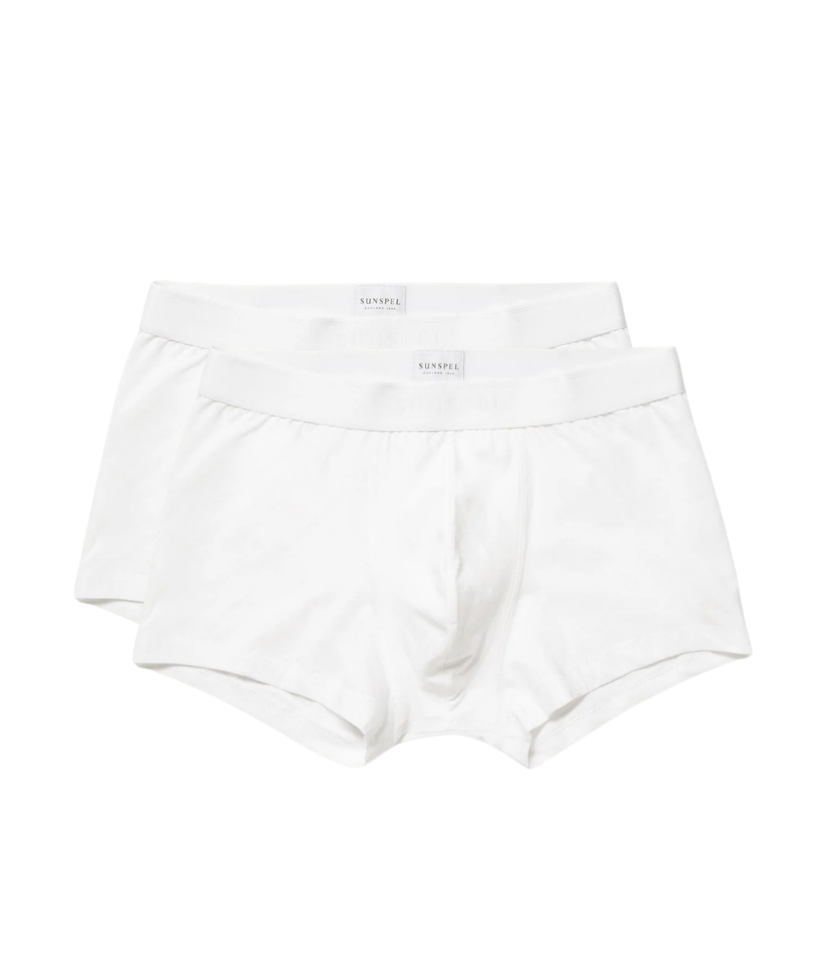 Sunspel Twin Pack Trunks in White – flat lay product shot displaying two white stretch cotton trunks with elasticated waistbands and close-fit design.