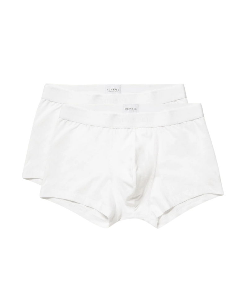 Sunspel Twin Pack Trunks in White – flat lay product shot displaying two white stretch cotton trunks with elasticated waistbands and close-fit design.