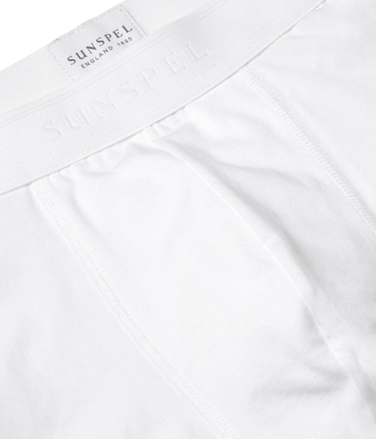 Sunspel Twin Pack Trunks in White – close-up of elasticated waistband featuring subtle Sunspel branding and comfortable fit.