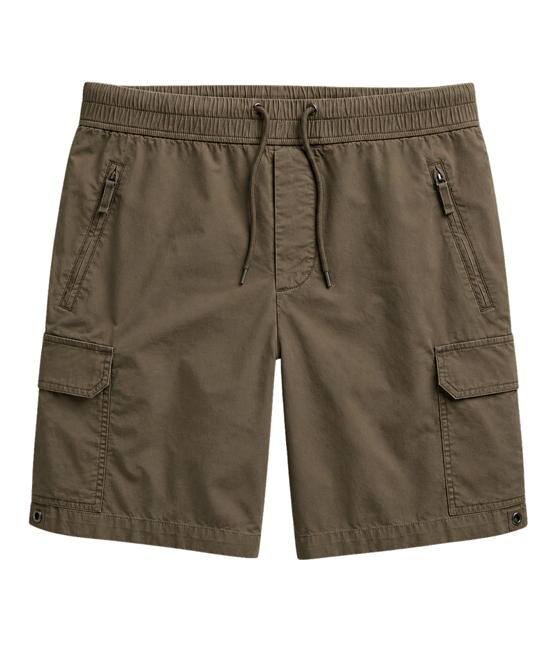 James Perse Supima Poplin Cargo Shirt in Light Olive Pigment – flat lay product shot displaying button front design, lightweight Supima poplin fabric, and relaxed silhouette.