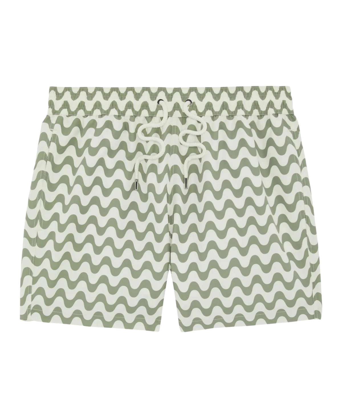 Frescobol Carioca Rio Swim Shorts Copacabana Print in Palm Green – Flat Lay View Printed Swim Shorts