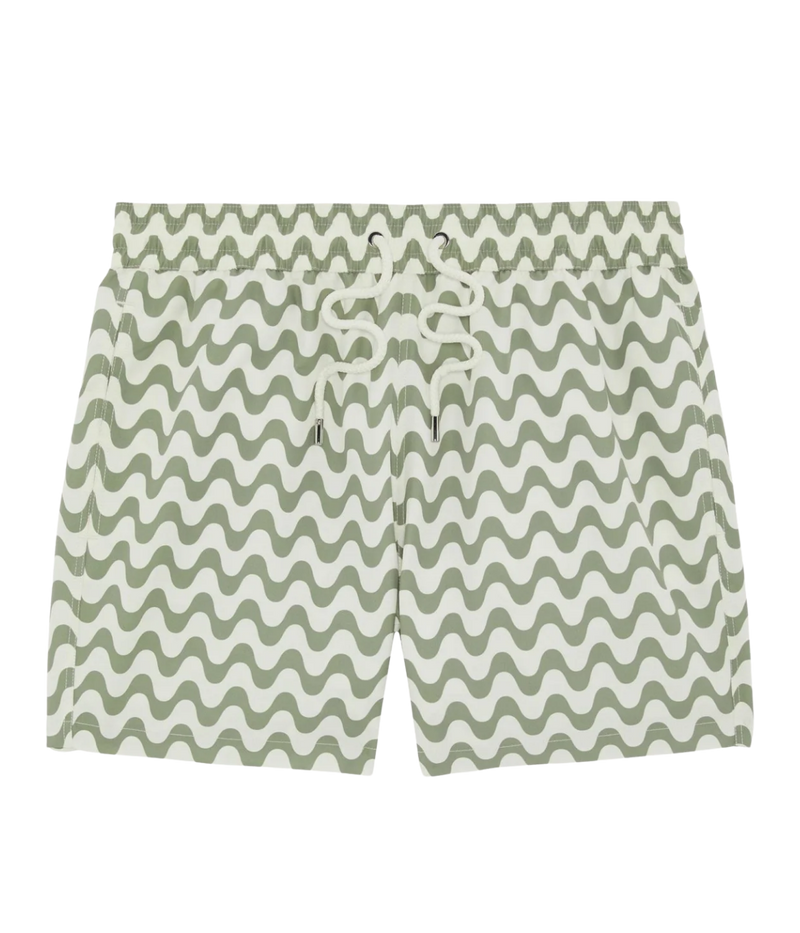 Frescobol Carioca Rio Swim Shorts Copacabana Print in Palm Green – Flat Lay View Printed Swim Shorts