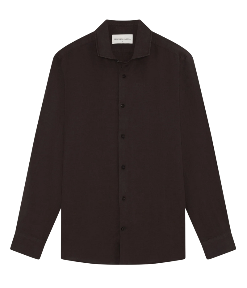 Frescobol Carioca Antonio Linen Long Sleeve Shirt in Cacao – Flat Lay Front View Linen Button Shirt