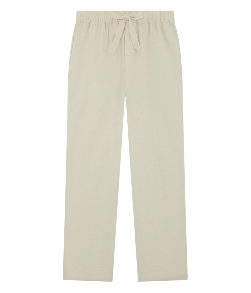 Frescobol Carioca Luan Linen Blend Relaxed Lounge Pants in Sand – Flat Lay View Wide Leg Drawstring Trousers