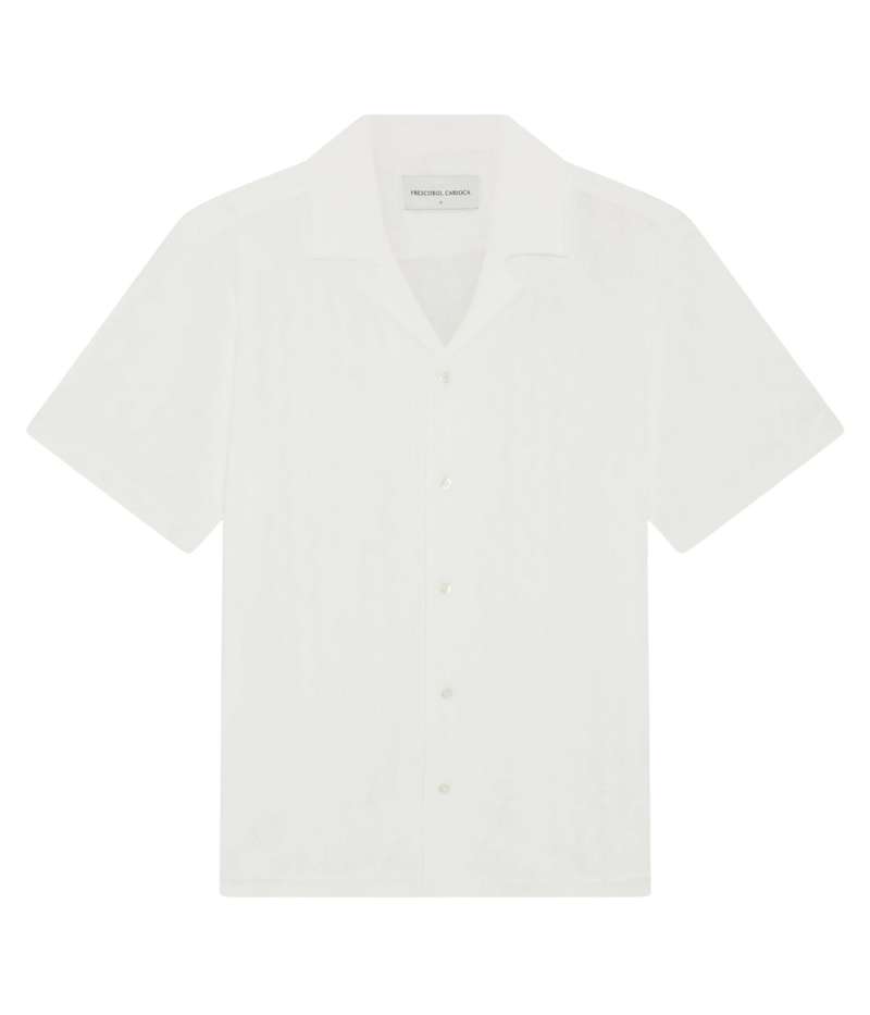 Frescobol Carioca Roberto Terry Shirt in Cream – Flat Lay Front View Jacquard Terry Camp Collar Shirt