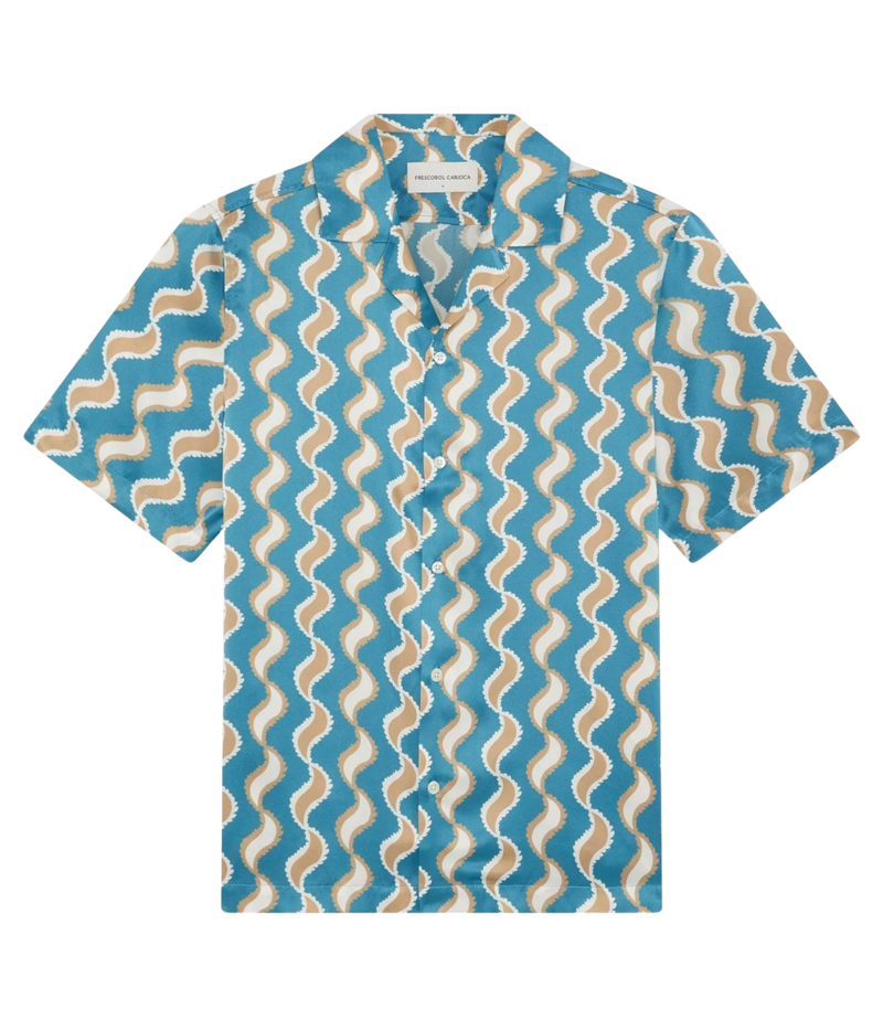 Frescobol Carioca Roberto Silk Shirt Short Sleeve Copacabana Paisley in Teal – Flat Lay View Printed Silk Camp Collar Shirt