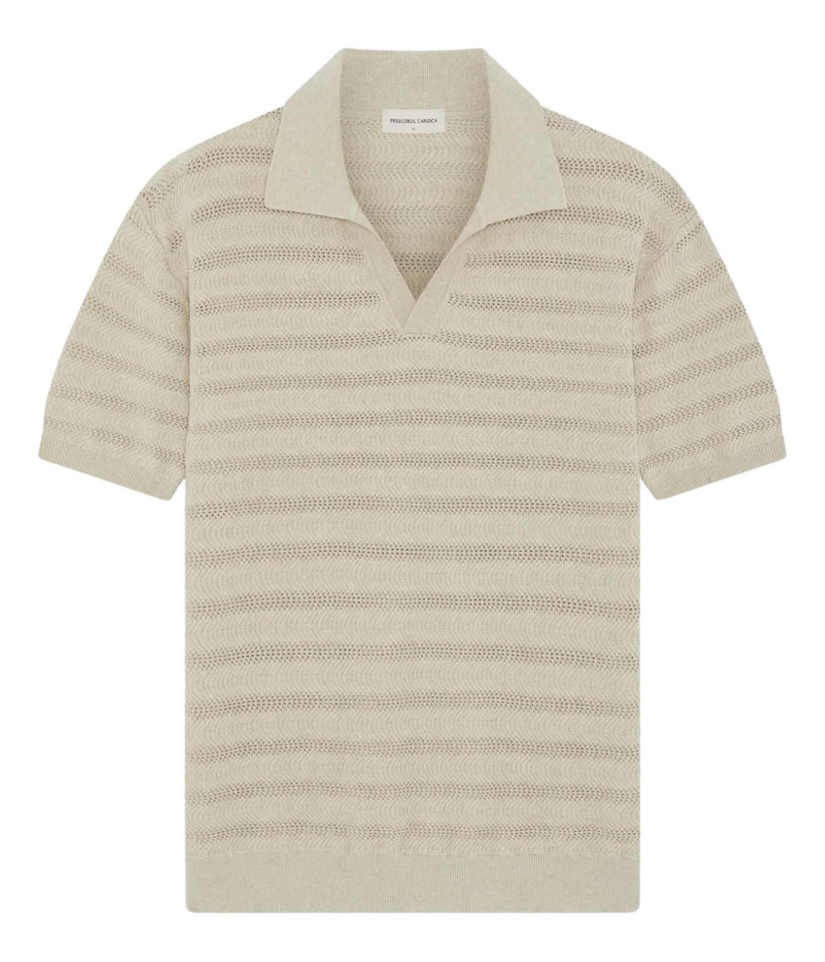 Frescobol Carioca Rino Cotton Jacquard Wave Short Sleeve Knit Polo in Sand – Flat Lay View Jacquard Knit Polo