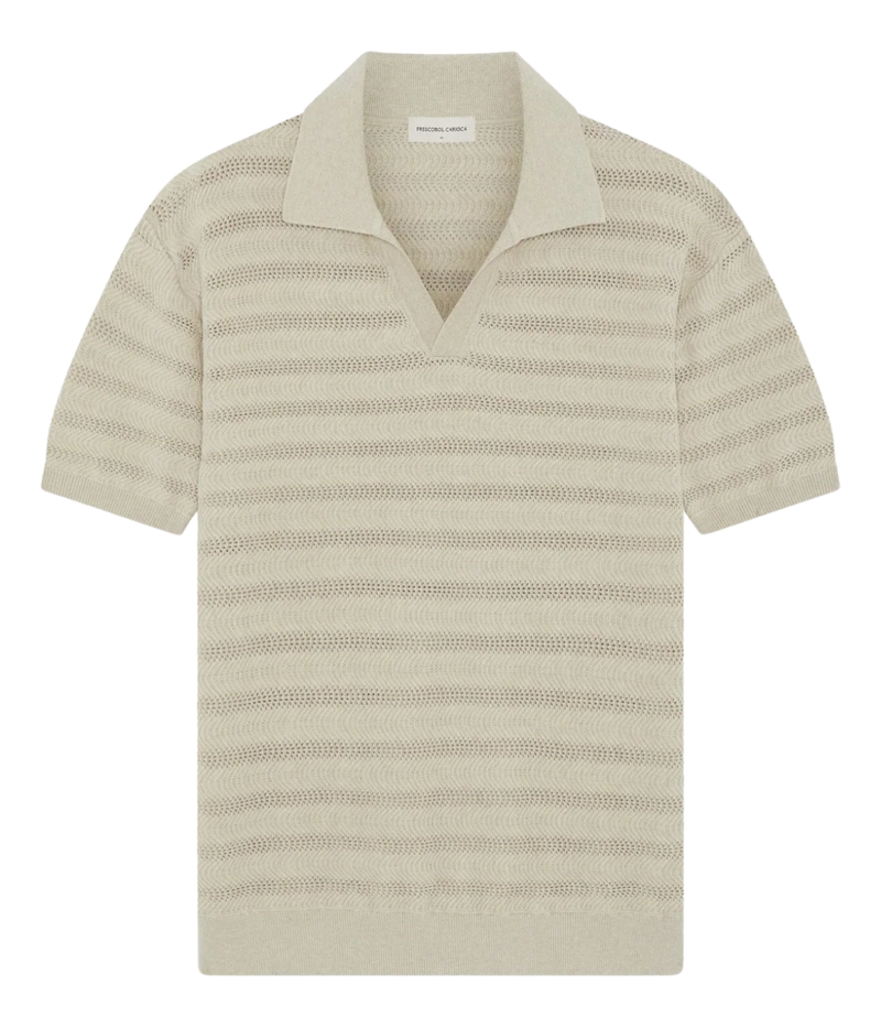 Frescobol Carioca Rino Cotton Jacquard Wave Short Sleeve Knit Polo in Sand – Flat Lay View Jacquard Knit Polo