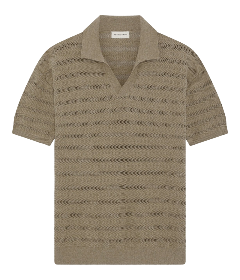 Frescobol Carioca Rino Cotton Jacquard Wave Short Sleeve Knit Polo in Light Brown – Flat Lay View Jacquard Knit Polo