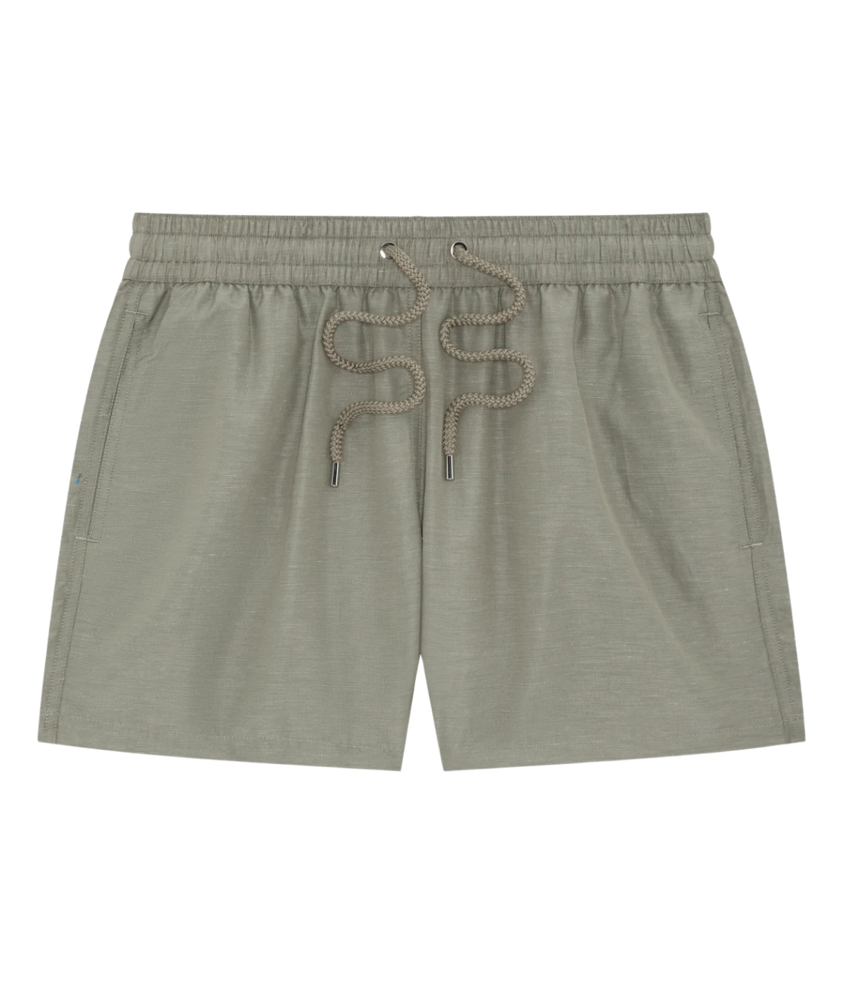 Frescobol Carioca Rio Linen Blend Swim Short in Palm Green – Flat Lay View Drawstring Swim Shorts