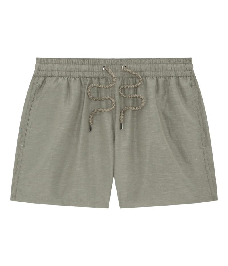 Frescobol Carioca Rio Linen Blend Swim Short in Palm Green – Flat Lay View Drawstring Swim Shorts