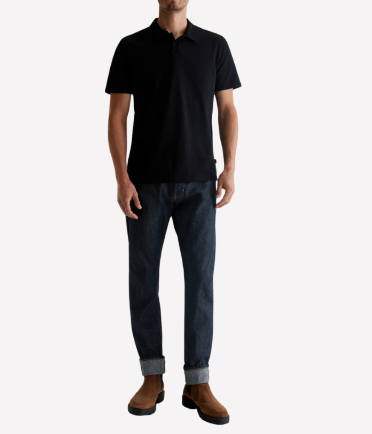 AG Jeans Bryce Johnny Collar in True Black – Full Length Front View on Model  Cotton Johnny Collar Polo Shirt