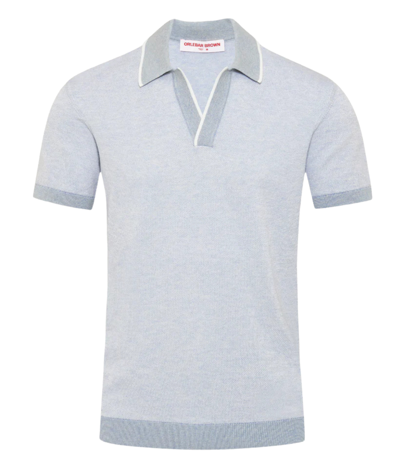 Orlebar Brown Horton Contrast Polo in Surfside Blue and White Sand with contrast tipping, open rib placket and tailored fit - Product Shot