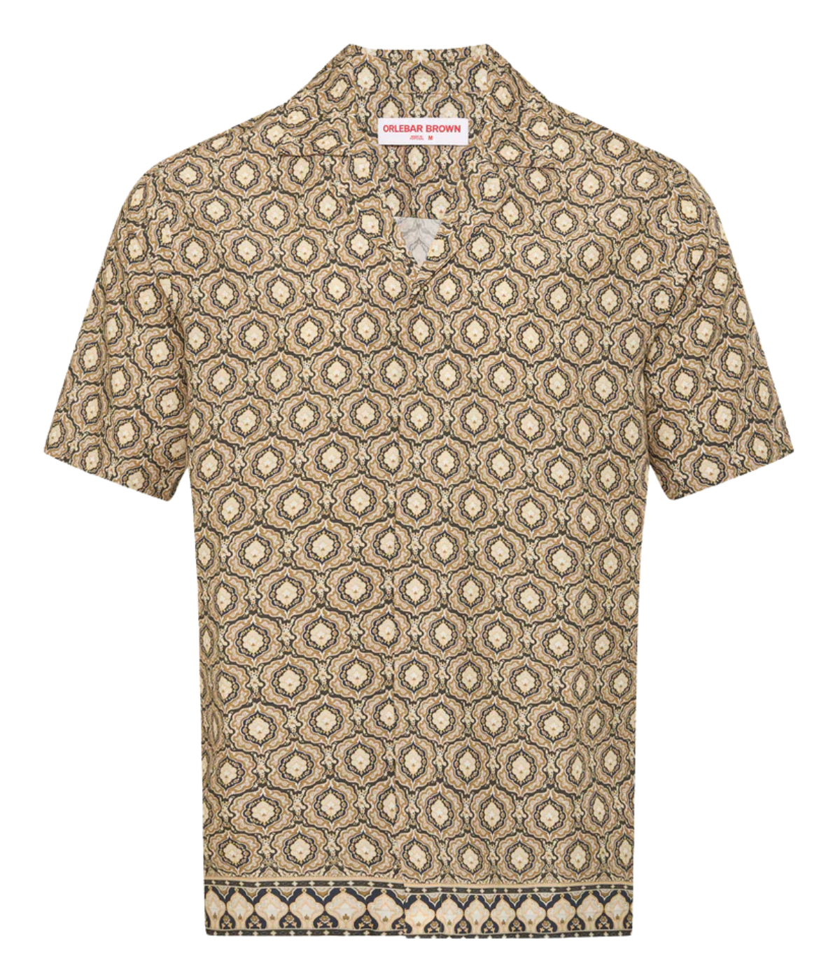 Orlebar Brown Maitan Passetto Print Shirt in Bayleaf Green featuring an exclusive geometric print, Capri collar and relaxed fit. - Product Shot