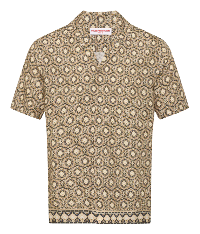 Orlebar Brown Maitan Passetto Print Shirt in Bayleaf Green featuring an exclusive geometric print, Capri collar and relaxed fit. - Product Shot