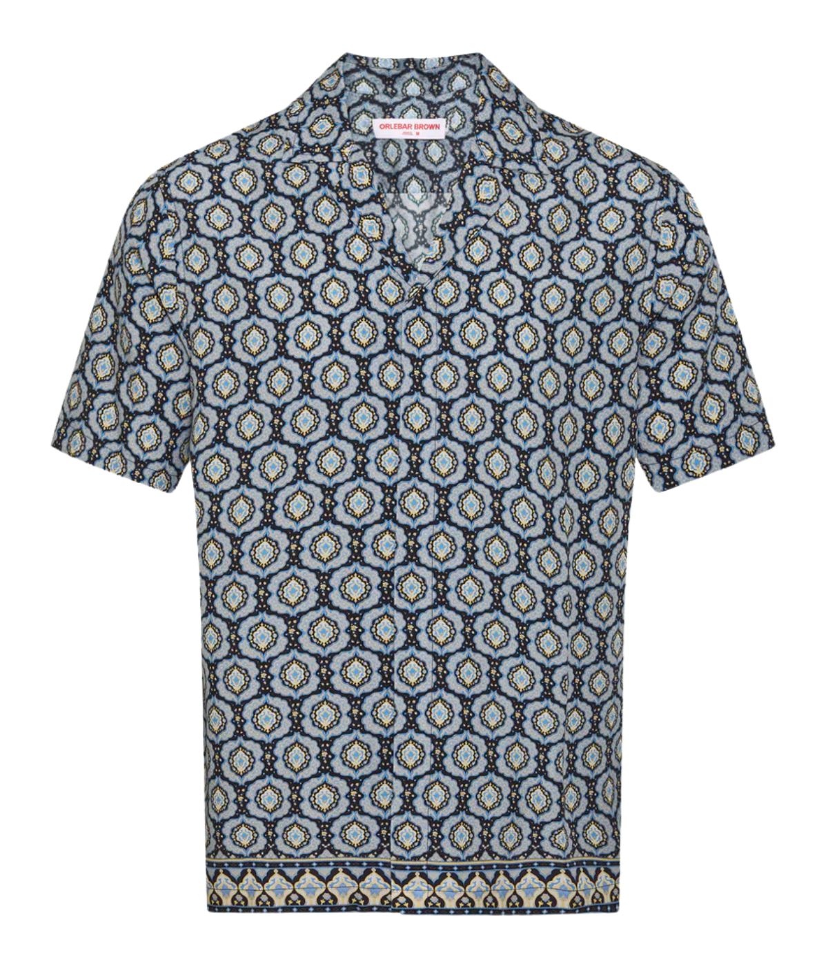 Orlebar Brown Maitan Silk Passetto Shirt in Night Iris featuring an exclusive print, Capri collar and relaxed fit - Product Shot