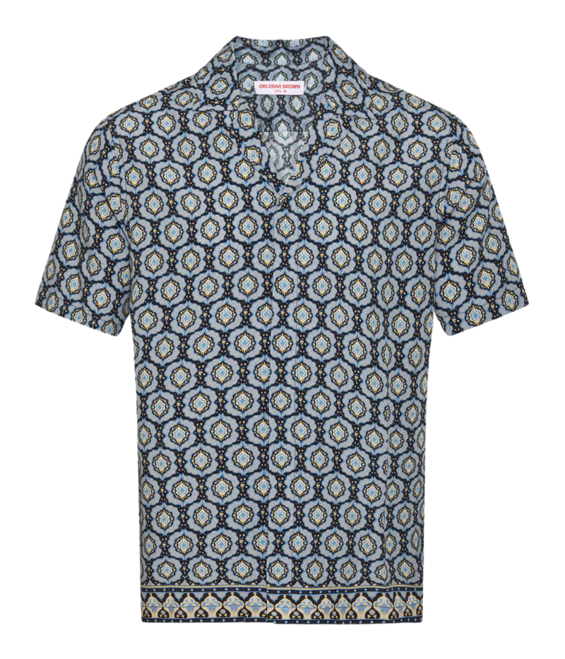 Orlebar Brown Maitan Silk Passetto Shirt in Night Iris featuring an exclusive print, Capri collar and relaxed fit - Product Shot