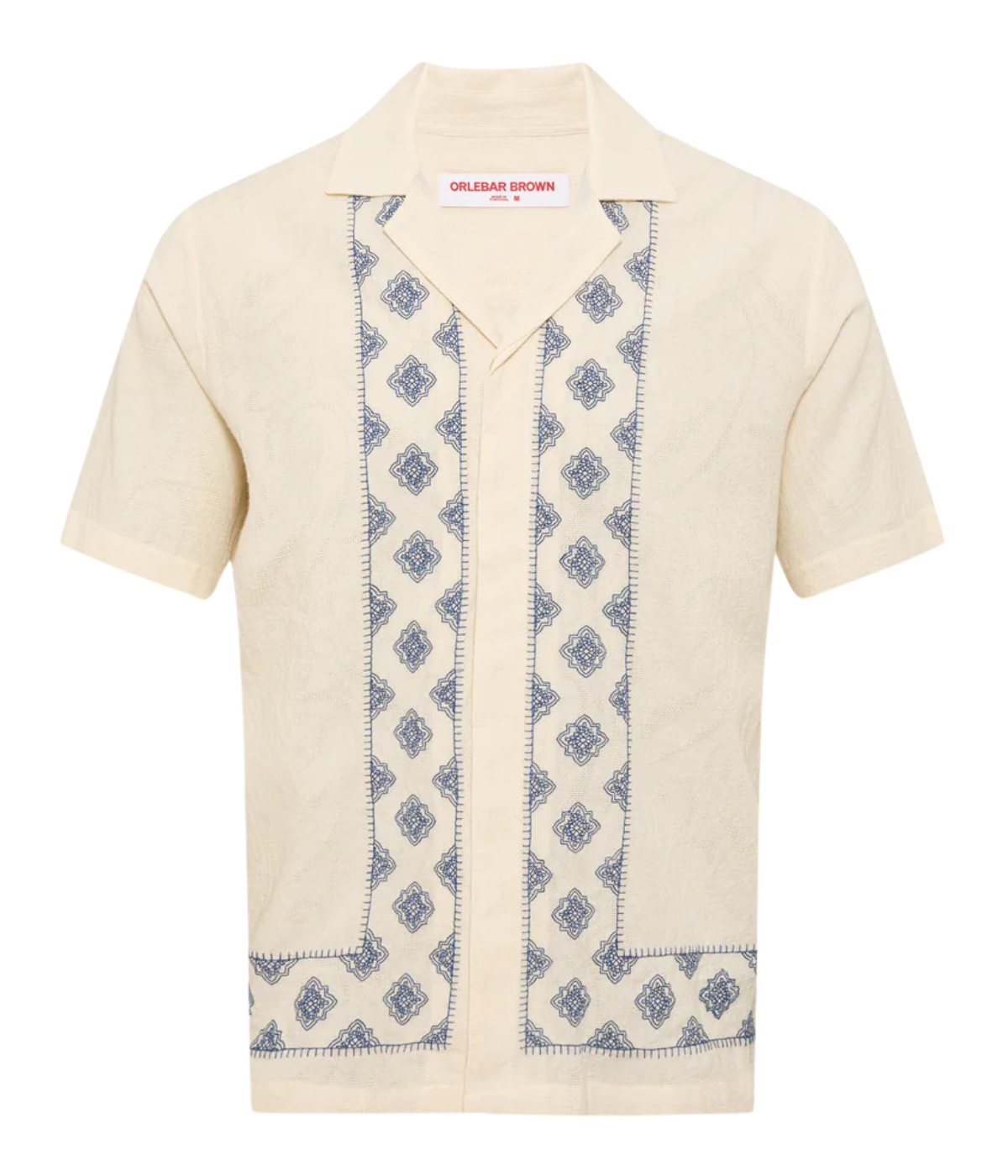 Orlebar Brown Maitan Carnival Embroidery Shirt in White Sand & Nightfall Blue featuring exclusive embroidered artwork, a Capri collar and relaxed fit - Product Shot